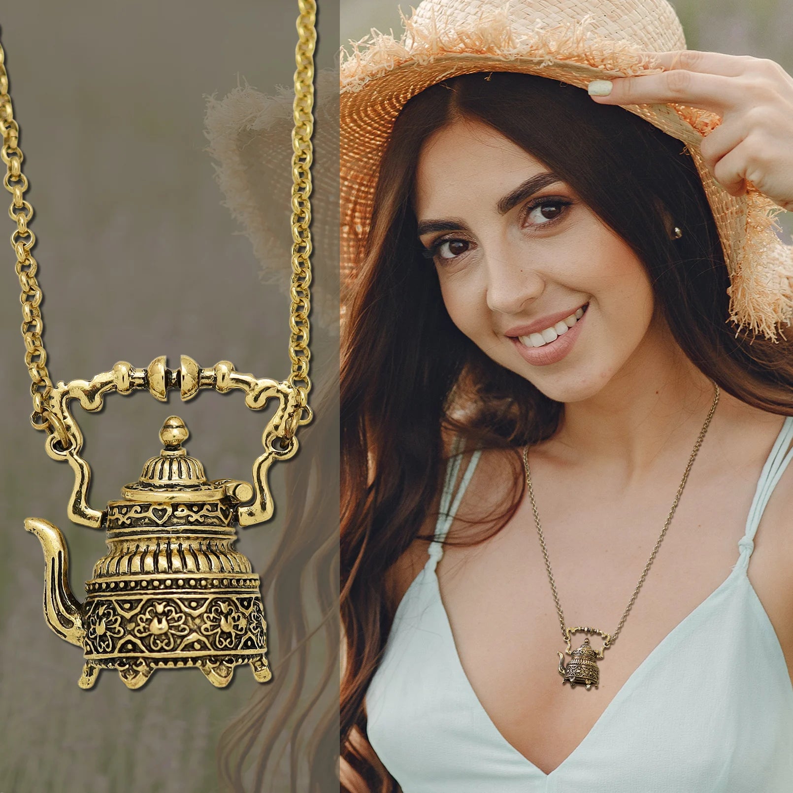 Vintage Silver Plated Victorian Wonderland 3D Tea Pot Party Steampunk Goth Pendant Necklace Link Chain Choker Collar Jewelry