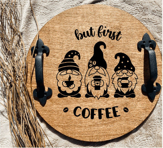 Wooden Serving Tray, Gnome Kitchen Decor, But First Coffee, Coffee Bar