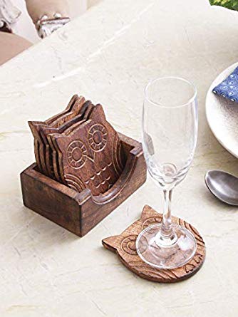 Wooden Owl Design Coasters for Water Glasses Tea/Coffee Cups